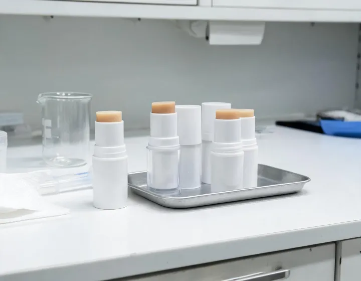 Sun Stick Sourcing on a cosmetics bench, illustration only